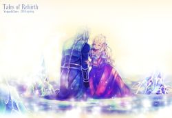 Rule 34 | 1boy, 1girl, armor, belt, blonde hair, blue hair, braid, breasts, claire bennett, copyright name, dress, closed eyes, flower, gloves, ice, long hair, pants, ribbon, smile, tales of (series), tales of rebirth, veigue lungberg, water