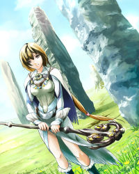 Rule 34 | 1girl, brown hair, cloud, coz (commit), day, grass, jewelry, necklace, original, sky, smile, solo, staff, yellow eyes