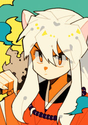 Rule 34 | 1boy, animal ears, antenna hair, bead necklace, beads, black eyes, clenched hand, closed mouth, dog boy, dog ears, hair between eyes, halftone, highres, inuyasha, inuyasha (character), jewelry, long hair, looking at viewer, male focus, necklace, portrait, red robe, robe, serious, sidelocks, simple background, solo, tenteko mai51, v-shaped eyebrows, white hair, yellow background