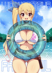 Rule 34 | 1girl, artist name, belt, bikini, blonde hair, blush, breasts, brown belt, brown eyes, character name, cleavage, collarbone, copyright name, dot nose, eyebrows, eyelashes, fairy, fairy tail, female focus, fingernails, large breasts, long fingernails, long hair, looking at viewer, lucy heartfilia, nail polish, navel, open mouth, outdoors, pink nails, side ponytail, smile, solo, standing, swimsuit, teeth, thigh gap, thighs, underboob, upper teeth only, virus-g, water, white bikini, wide hips