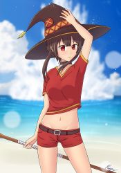 Rule 34 | 1girl, absurdres, belt, breasts, brown hair, button eyes, buttons, cloud, cloudy sky, collarbone, commentary, hand on headwear, hat, highres, holding, holding staff, kono subarashii sekai ni shukufuku wo!, legs apart, looking at viewer, medium breasts, megumin, navel, ocean, rappygrafferi, red eyes, red shirt, red shorts, shirt, short hair with long locks, short shorts, shorts, signature, sky, solo, staff, standing, tank top, witch hat