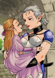 Rule 34 | 2girls, absurdres, artist request, carrying, dress, grey hair, highres, impa, multiple girls, nintendo, pointy ears, ponytail, princess zelda, red lips, the legend of zelda, the legend of zelda: ocarina of time, young zelda
