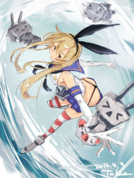 Rule 34 | 10s, 1girl, anchor, ass, black panties, blonde hair, crop top, elbow gloves, gloves, hairband, highleg, highleg panties, kantai collection, lifebuoy, long hair, microskirt, miniskirt, outstretched arms, panties, rensouhou-chan, school uniform, serafuku, shimakaze (kancolle), skirt, solo, spread arms, striped clothes, striped thighhighs, swim ring, thighhighs, toka (marchlizard), underwear, waves, white gloves, yellow eyes