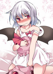 Rule 34 | 1girl, bad id, bad pixiv id, bare shoulders, bat wings, bed, bed sheet, blush, unworn clothes, collarbone, dress, unworn dress, embarrassed, hammer (sunset beach), hat, light purple hair, looking at viewer, mob cap, red eyes, remilia scarlet, short hair, slit pupils, solo, strap slip, touhou, trembling, wavy mouth, wings