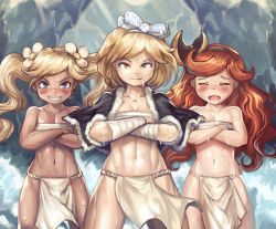 Rule 34 | &gt;:), 10s, 3girls, abs, bandages, bandaged arm, bandages, blonde hair, blue eyes, blush, breasts, collarbone, cowboy shot, crossed arms, dark skin, dark-skinned female, djeeta (granblue fantasy), female focus, flat chest, flower, fundoshi, granblue fantasy, grin, hair flower, hair ornament, hair ribbon, hairband, io (granblue fantasy), japanese clothes, long hair, looking at viewer, multiple girls, navel, open mouth, orange hair, ribbon, sara (granblue fantasy), sarashi, short hair, smile, toned, twintails, v-shaped eyebrows, water, wavy mouth, wet, yellow eyes, yilx