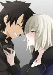 Rule 34 | 1boy, 1girl, ahoge, black dress, black hair, black shirt, blue coat, blush, breasts, coat, commentary request, dress, closed eyes, fate/grand order, fate (series), from side, fujimaru ritsuka (male), fujimaru ritsuka (male) (polar chaldea uniform), fur-trimmed coat, fur-trimmed sleeves, fur trim, grey hair, grin, hand on another&#039;s chest, heart, heart ahoge, height difference, highres, jeanne d&#039;arc alter (fate), jeanne d&#039;arc alter (ver. shinjuku 1999) (fate), jewelry, large breasts, long sleeves, necklace, profile, sawatarou (roto), shirt, short hair, smile, teeth, upper body, yellow eyes