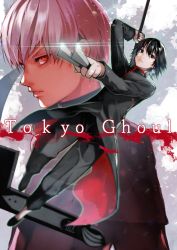 Rule 34 | 2boys, alternate costume, androgynous, angry, arm up, black eyes, black footwear, black hair, black jacket, blood, closed mouth, full body, hair between eyes, hair ornament, hairclip, highres, holding, holding knife, holding scythe, holding weapon, jacket, kaneki ken, knife, looking afar, looking at viewer, male focus, multiple boys, pale skin, red eyes, scythe, short hair, stitched face, stitches, suzuya juuzou, throwing knife, title, tokyo ghoul, upper body, weapon, white hair, x hair ornament, yoshio (55level)