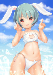 Rule 34 | 1girl, animal ears, bad id, bad pixiv id, bikini, bra, rabbit ears, cat cutout, cat lingerie, character request, cleavage cutout, clothing cutout, cloud, day, fang, green hair, highres, lolihorn, meme attire, navel, open mouth, outdoors, panties, pointing, red eyes, short hair, side-tie panties, sky, smile, solo, swimsuit, underwear, wading, water, white bra, white panties