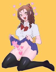 Rule 34 | 1girl, aerith gainsborough, blouse, blue skirt, bow, bowtie, braid, breasts, brown hair, censored, clothes lift, cum, final fantasy, final fantasy vii, final fantasy vii remake, full body, futanari, futanari, green eyes, hair ribbon, heart, heart-shaped pupils, heart censor, highres, kneeling, kyou (ningiou), open mouth, orange background, penis, ribbon, ringlets, school uniform, wrist scrunchie, shirt, sidelocks, skirt, skirt lift, solo, square enix, symbol-shaped pupils, teeth, testicles, thighhighs, upper teeth only, white shirt