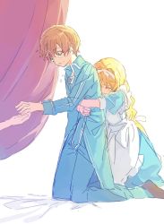 Rule 34 | 1boy, 1girl, age difference, alice zuberg, apron, bad id, bad twitter id, bcoca, blonde hair, blue dress, blue pants, blue shirt, blush, braid, braided ponytail, closed eyes, closed mouth, commentary request, crying, crying with eyes open, curtains, dress, eugeo, green eyes, hair between eyes, hair ribbon, hairband, height difference, hug, hug from behind, kneeling, long hair, pants, parted lips, ribbon, shirt, short hair, simple background, single braid, sword art online, sword art online: alicization, tears, white background, white ribbon