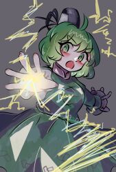 Rule 34 | 1girl, 87ilil, black background, black hat, blush, commentary request, cross-laced clothes, dress, green dress, green eyes, green hair, hat, highres, knkon yukiya, lightning, long sleeves, looking at viewer, open mouth, short hair, simple background, soga no tojiko, solo, tate eboshi, touhou, v-shaped eyebrows