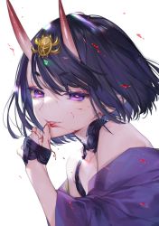 Rule 34 | 1girl, bare shoulders, blood, blood on face, bob cut, breasts, bridal gauntlets, collarbone, eyeliner, fate/grand order, fate (series), headpiece, highres, horns, japanese clothes, kaguyuzu, kimono, long sleeves, looking at viewer, makeup, oni, parted lips, purple eyes, purple hair, purple kimono, revealing clothes, short hair, shuten douji (fate), skin-covered horns, small breasts, smile, solo, wide sleeves