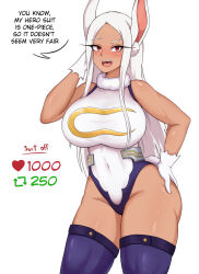 Rule 34 | 1girl, absurdres, animal ears, arm behind head, bare shoulders, boku no hero academia, breasts, commentary, covered navel, crescent print, dark-skinned female, dark skin, english commentary, english text, fur collar, gloves, hand on own ass, highleg, highleg leotard, highres, large breasts, leotard, like and retweet, long eyelashes, long hair, looking at viewer, meme, mirko, open mouth, parted bangs, purple thighhighs, rabbit ears, rabbit girl, rabbit tail, raised eyebrow, red eyes, sleeptopi, sleeveless turtleneck leotard, solo, tail, taut leotard, teeth, thick thighs, thighhighs, thighs, toned, twitter strip game (meme), upper teeth only, white background, white gloves, white hair, white leotard