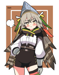 Rule 34 | 1girl, :&lt;, absurdres, arknights, black shorts, blush, bright pupils, brown background, brown cloak, brown hair, cloak, commentary request, cowboy shot, fartooth (arknights), feather hair, gauntlets, green thighhighs, hendra, high-waist shorts, highres, hood, hooded cloak, inset border, long hair, looking at viewer, puff of air, shirt, shorts, signature, simple background, single thighhigh, solo, thigh strap, thighhighs, upper body, visor (armor), white background, white pupils, white shirt, yellow eyes