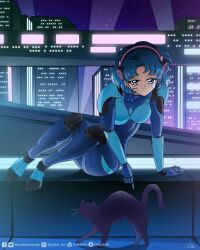 Rule 34 | 1girl, android, bishoujo senshi sailor moon, blue eyes, blue hair, cat, cityscape, commission, earrings, headphones, highres, humanoid robot, jewelry, joints, luna (sailor moon), mechanical arms, mechanical parts, mechanization, mizuno ami, night, night sky, pookiepenworks, robot, robot girl, robot joints, sky, smile, solo, stud earrings