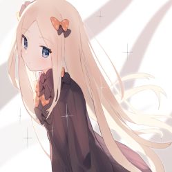 Rule 34 | 1girl, abigail williams (fate), black bow, black dress, blonde hair, blue eyes, blush, bow, closed mouth, dress, fate/grand order, fate (series), forehead, hair bow, idemitsu, long hair, long sleeves, looking at viewer, multiple hair bows, no headwear, orange bow, parted bangs, polka dot, polka dot bow, sleeves past fingers, sleeves past wrists, solo, sparkle, very long hair