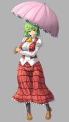 Rule 34 | 1girl, ascot, black pantyhose, breasts, collared shirt, frilled skirt, frills, full body, green hair, grey background, head tilt, hip focus, holding, holding umbrella, kazami yuuka, large breasts, long skirt, long sleeves, looking at viewer, nokishita kumoemon, open clothes, open vest, pantyhose, plaid, plaid skirt, plaid vest, puffy long sleeves, puffy sleeves, red eyes, shirt, shoes, simple background, skirt, smile, solo, thighs, touhou, umbrella, untucked shirt, vest