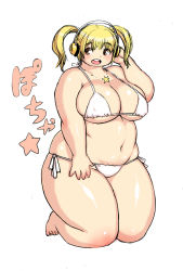 Rule 34 | 1girl, bikini, blonde hair, breasts, brown eyes, fat, headphones, highres, huge breasts, jewelry, kjmvideo, kneeling, necklace, nitroplus, open mouth, plump, smile, solo, star (symbol), super pochaco, swimsuit, thick thighs, thighs, twintails