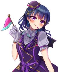 Rule 34 | 1girl, :p, absurdres, alternate hairstyle, around the world (love live!), artist name, artist request, black wings, blue hair, blush, breasts, buttons, dress, drop earrings, earrings, female focus, flag, frilled dress, frills, gloves, half updo, hat, headphones, highres, holding, holding flag, jewelry, long hair, looking at viewer, love live!, love live! school idol festival, love live! school idol festival all stars, love live! sunshine!!, microphone, mini hat, miniskirt, neckwear request, parted lips, pink eyes, plaid, plaid dress, plaid skirt, pleated, pleated dress, pleated skirt, puffy short sleeves, puffy sleeves, purple dress, purple eyes, purple hat, purple ribbon, purple skirt, purple wings, ribbon, short sleeves, skirt, small breasts, smile, solo, star (symbol), tongue, tongue out, tsushima yoshiko, white background, white detached collar, white gloves, white neckwear, winged hat, wings