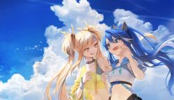 Rule 34 | 2girls, black choker, blonde hair, blouse, blue eyes, blue hair, breasts, choker, clothing cutout, cloud, cloudy sky, crop top, day, fang, floating hair, grin, hair between eyes, hair ornament, hand in mouth, hansum, highres, hood, hood down, long hair, long sleeves, looking at another, medium breasts, midriff, multicolored hair, multiple girls, navel, open mouth, original, ponytail, shirt, shoulder cutout, single sleeve, sky, smile, streaked hair, twintails, upper body, v-shaped eyebrows, white hair, wristband, yellow eyes, yellow shirt