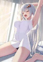 Rule 34 | 1girl, ahoge, armpits, arms up, barefoot, black panties, blunt bangs, breasts, closed eyes, commentary, day, dutch angle, hair ornament, highres, indoors, kizuna akari, light rays, long hair, medium breasts, open mouth, panties, shirt, short sleeves, shun (b.c), sitting, solo, stretching, t-shirt, tears, teeth, tongue, underwear, upper teeth only, vocaloid, voiceroid, wariza, white hair, white shirt