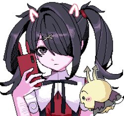 Rule 34 | 1girl, ame-chan (needy girl overdose), black eyes, black hair, black ribbon, cellphone, chiikawa, chinese commentary, closed mouth, collared shirt, commentary request, creature, crossover, demon horns, drawn horns, hair ornament, hair over one eye, hand up, holding, holding phone, horns, long hair, looking at viewer, neck ribbon, needy girl overdose, official style, phone, pixel art, red shirt, ribbon, self-harm scar, shirt, simple background, smartphone, solo, suspenders, twintails, upper body, usagi (chiikawa), white background, x hair ornament, xiao xin wei fu