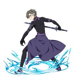 Rule 34 | 1boy, augma, black bodysuit, bodysuit, brown eyes, cape, closed mouth, eiji (sao), hair between eyes, hair intakes, highres, holding, holding sword, holding weapon, male focus, official art, purple cape, silver hair, smile, solo, sword, sword art online, transparent background, waist cape, weapon