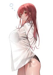 Rule 34 | 1girl, black bra, black panties, bra, bra visible through clothes, breasts, collared shirt, commentary request, heterochromia, highres, hololive, houshou marine, lingerie, medium hair, multicolored eyes, no pants, open clothes, open shirt, panties, red eyes, red hair, see-through, see-through shirt, shirt, simple background, solo, squeans, takeno omoti, underwear, white background, yellow eyes