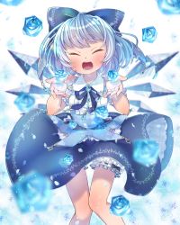 Rule 34 | 1girl, alternate costume, arms up, blue bow, blue dress, blue flower, blue hair, blue neckwear, blue ribbon, blue rose, blurry, blurry background, blush, bow, buttons, center frills, cirno, closed eyes, collared dress, commentary request, dress, feet out of frame, floating, floating object, floral print, flower, frills, glitter, hair bow, happy, highres, ibaraki natou, ice, ice wings, knees together feet apart, lower teeth only, open mouth, outstretched arms, ribbon, rose, short hair, solo, standing, teeth, thigh strap, tongue, touhou, upper body, upper teeth only, white background, wing collar, wings