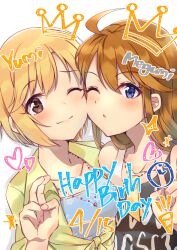 Rule 34 | 2girls, ;), ;o, ahoge, aiba yumi, bent v, birthday connection, blonde hair, blush, brown hair, character name, cheek-to-cheek, collarbone, crown, dated, happy birthday, heads together, heart, highres, idolmaster, idolmaster cinderella girls, idolmaster million live!, looking at viewer, multiple girls, one eye closed, shiitake taishi, shirt, simple background, smile, tied shirt, tokoro megumi, upper body, v, white background
