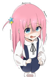 Rule 34 | 1girl, aged down, black ribbon, blue eyes, blue skirt, blush, bocchi the rock!, collared shirt, commentary, cube hair ornament, donutman, feet out of frame, foreshortening, gotoh hitori, hair between eyes, hair ornament, highres, long hair, long sleeves, looking at viewer, neck ribbon, one side up, open mouth, paid reward available, pink hair, ribbon, shirt, simple background, skirt, solo, standing, suspender skirt, suspenders, sweat, trembling, v, white background, white shirt