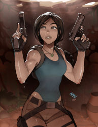 Rule 34 | 1girl, arms up, braid, braided ponytail, breasts, brown hair, curvy, green one-piece swimsuit, gun, handgun, holding, holding weapon, injury, lara croft, lips, long hair, looking to the side, messy hair, mike nesbitt, navel, one-piece swimsuit, parted lips, shiny skin, shirt, short shorts, shorts, simple background, standing, sweat, swimsuit, swimsuit under clothes, thighs, tomb raider, very long hair, weapon, wet, wide hips