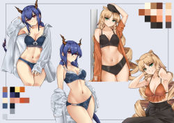 Rule 34 | 2girls, absurdres, animal ears, arknights, arm up, bare shoulders, black bra, black headwear, black panties, black skirt, blonde hair, blouse, blue bra, blue hair, blue panties, bra, breasts, casperrin, ch&#039;en (arknights), cleavage, commentary, cropped legs, dragon horns, dragon tail, drill hair, drill sidelocks, english commentary, fang, fang out, green eyes, grey background, head tilt, highres, horns, large breasts, long hair, looking at viewer, low twintails, multiple girls, multiple views, navel, off shoulder, open clothes, open shirt, orange bra, orange shirt, panties, red eyes, shirt, sidelocks, simple background, skirt, smile, standing, stomach, swire (arknights), tail, thighs, tiger ears, twintails, underwear, very long hair, white shirt