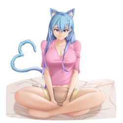 Rule 34 | 1girl, absurdres, animal ears, bed sheet, blue hair, breasts, cat ears, cat girl, cat tail, cleavage, crossed legs, fluffy, heart, heart-shaped tail, highres, large breasts, long hair, looking at viewer, original, pillow, pink shirt, purple eyes, shirt, smile, t-shirt, tail, takie arts, white background