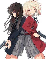 Rule 34 | 2girls, back-to-back, bare legs, black bow, black bowtie, black dress, black hair, blonde hair, blue eyes, bow, bowtie, clenched teeth, collared dress, dress, grey skirt, grin, gun, hair ribbon, handgun, highres, holding, holding gun, holding weapon, horoda (user wfaw4827), inoue takina, long hair, long sleeves, looking at viewer, lycoris recoil, lycoris uniform, multiple girls, nishikigi chisato, parted lips, pleated skirt, profile, red dress, red eyes, red ribbon, ribbon, short hair, simple background, skirt, smile, standing, teeth, weapon, weapon request, white background
