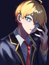 Rule 34 | 1boy, absurdres, ahoge, blonde hair, blue background, blue eyes, blue jacket, collared shirt, commentary, hair between eyes, hand up, highres, hoshino aquamarine, jacket, long sleeves, looking at viewer, male focus, mismatched pupils, necktie, no pupils, oshi no ko, parted lips, red necktie, school uniform, shirt, short hair, simple background, solo, star-shaped pupils, star (symbol), symbol-shaped pupils, tsukuno tsuki, upper body, white shirt, youtou high school uniform