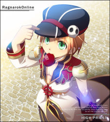 Rule 34 | 1boy, adjusting clothes, adjusting headwear, black coat, black hat, blonde hair, cabbie hat, character name, closed mouth, coat, cobblestone, commentary request, copyright name, cowboy shot, cup, day, english text, german text, green eyes, hat, hat ornament, high priest (ragnarok online), holding, holding staff, layered clothes, long sleeves, male focus, mixed-language text, mouth hold, nip sakazuki, outdoors, ragnarok online, short hair, skull, skull hat ornament, solo, staff, stone floor, sunlight, translation request, white coat