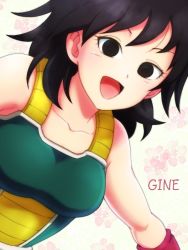 Rule 34 | 1girl, :d, armor, arms at sides, bare arms, bare shoulders, black eyes, black hair, breasts, character name, collarbone, commentary, dragon ball, dragon ball minus, dragon ball super, dragon ball super broly, dutch angle, eyelashes, floral background, flower, gine, gradient background, hair between eyes, happy, leaning, leaning forward, looking at viewer, medium breasts, medium hair, messy hair, open mouth, pink background, pink flower, shaded face, simple background, smile, solo, tomomon (badatomo), upper body, white background, wristband