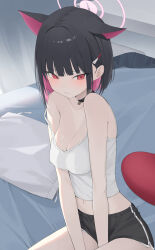 Rule 34 | 1girl, absurdres, alternate costume, animal ears, black choker, black hair, black shorts, blue archive, blush, breasts, camisole, cat choker, cat ears, choker, closed mouth, collarbone, colored inner hair, commentary, extra ears, halo, highres, kazusa (blue archive), large breasts, midriff, multicolored hair, navel, okappa (bobbed001), pink eyes, pink hair, pink halo, short hair, shorts, solo, stomach, strap slip, two-tone hair, white camisole