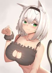 Rule 34 | 1girl, absurdres, alternate costume, animal ears, breasts, bu li, cat ears, cat lingerie, cat tail, cleavage, green eyes, grey hair, highres, hololive, large breasts, meme attire, paw pose, shirogane noel, short hair, simple background, solo, tail, virtual youtuber
