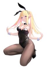 Rule 34 | 1girl, absurdres, animal ears, black bow, black bowtie, black footwear, black leotard, black pantyhose, blonde hair, bow, bowtie, breasts, closed mouth, colored inner hair, commentary request, covered navel, detached collar, fingernails, high heels, highleg, highleg leotard, highres, holding, holding own hair, kneeling, large breasts, leotard, light blush, long fingernails, long hair, long pointy ears, looking at viewer, multicolored hair, nail polish, original, pantyhose, pink hair, pink nails, playboy bunny, pointy ears, pumps, purple eyes, rabbit ears, shiny clothes, simple background, smile, solo, strapless, strapless leotard, thighs, twintails, two-tone hair, white background, white wrist cuffs, wrist cuffs, yingchuishiting