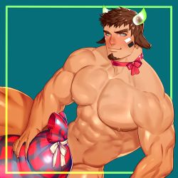 Rule 34 | 1boy, abs, absurdres, alternate pectoral size, animal ears, bara, blush, bow, bowtie, brown eyes, brown hair, completely nude, covering privates, covering crotch, cow boy, cow ears, cow horns, facial hair, feet out of frame, fiery horns, forked eyebrows, gift bag, glowing horns, goatee, highres, horns, large pectorals, looking at viewer, male focus, mature male, muscular, muscular male, navel, nipples, nude, pectorals, short hair, smile, solo, spiked hair, stomach, thick eyebrows, thick thighs, thighs, tokyo houkago summoners, wakan tanka, won (won uom)