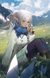 Rule 34 | 1girl, black pantyhose, blue scarf, boots, brown footwear, closed mouth, coat, commentary request, drive shot, eating, elf, falling petals, floating hair, flower, food, frieren, grasslands, green eyes, highres, holding, holding food, knee boots, knees up, long hair, long sleeves, looking at viewer, mountain, on grass, outdoors, pantyhose, parted bangs, petals, pointy ears, scarf, short eyebrows, sitting, solo, sousou no frieren, twintails, white coat, white flower, white hair