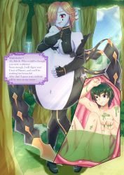 Rule 34 | 1boy, 1girl, absurdres, aoshin23, big belly, black leotard, breasts, byleth (fire emblem), byleth (male) (fire emblem), digestion, earrings, english text, eye markings, fire emblem, fire emblem: three houses, green hair, hetero, highres, inside view, jewelry, kronya (fire emblem), leotard, licking lips, lipstick, makeup, nintendo, nude, orange hair, red eyes, stomach bulge, tagme, tongue, tongue out, underboob, vore, wet, x-ray