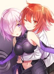 Rule 34 | 2girls, :o, ;), bare shoulders, belt, black gloves, breasts, closed mouth, clothing cutout, elbow gloves, fate/grand order, fate (series), female focus, fujimaru ritsuka (female), gloves, hair between eyes, hair ornament, hair over one eye, hair scrunchie, hug, hug from behind, large breasts, light purple hair, long sleeves, looking at another, looking at viewer, mash kyrielight, multicolored clothes, multicolored gloves, multiple girls, navel, navel cutout, one eye closed, open mouth, orange eyes, orange hair, pantyhose, purple eyes, purple gloves, purple hair, scrunchie, shield, short hair, sideboob, simple background, sleeveless, smile, two-tone gloves, uniform, white background, white uniform, wink, yellow scrunchie, yuri, yuzuki karu