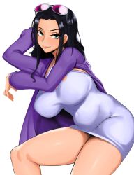 Rule 34 | 1girl, aqua eyes, arm behind head, breasts, dress, eyebrows, eyewear on head, highres, jacket, kevbot, large breasts, looking at viewer, navel, nico robin, one piece, one piece: stampede, purple jacket, simple background, sitting, solo, spread legs, sunglasses, thighs, white background, white dress