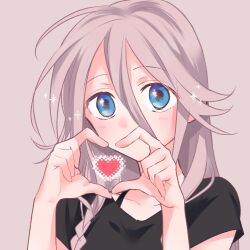Rule 34 | 1girl, alternate costume, black shirt, blue eyes, blush, bra strap, braid, commentary, covered mouth, covering own mouth, hair between eyes, hand over own mouth, hands up, heart, heart hands, highres, ia (vocaloid), kusonoki, long hair, looking at viewer, shirt, short sleeves, side braid, simple background, solo, sparkle, symbol-only commentary, t-shirt, upper body, vocaloid