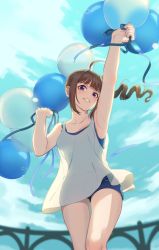 Rule 34 | 1girl, ahoge, arm up, backlighting, balloon, blue shorts, blue sky, blurry, blurry background, brown hair, cloud, cloudy sky, commentary, day, depth of field, drill hair, grin, half-closed eyes, head tilt, holding, idolmaster, idolmaster million live!, kamille (vcx68), looking at viewer, medium hair, open mouth, outdoors, purple eyes, shirt, short shorts, shorts, side drill, side ponytail, sidelocks, sky, smile, solo, standing, tank top, white shirt, yokoyama nao