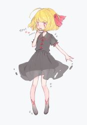 Rule 34 | 1girl, alternate costume, artist name, black legwear, black shirt, black skirt, blonde hair, collared shirt, commentary request, hair ribbon, hand on own face, highres, m (m073111), red eyes, red ribbon, ribbon, rumia, sharp teeth, shirt, shoes, short hair, short sleeves, skirt, solo, teeth, touhou, translation request, white background, wing collar