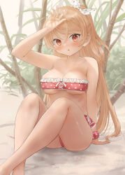 1girl alternate_hairstyle beach bikini blonde_hair breasts conte_di_cavour_(kancolle) cosplay kantai_collection large_breasts long_hair maestrale_(kancolle) maestrale_(kancolle)_(cosplay) maestrale_kai_(swimsuit)_(kancolle) one_side_up pink_bikini plimsoll_line polka_dot polka_dot_bikini polka_dot_ribbon red_eyes ribbon sitting solo strapless strapless_bikini swimsuit toka_(marchlizard)